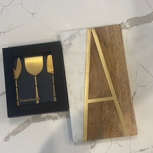 Crate and barrel Gold and Brown Cheese Board Set with Marble